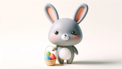 Obraz premium Charming grey bunny with a tiny basket of Easter eggs on white backdrop. Perfect for greeting cards, banner, or design. Simple 3D illustration