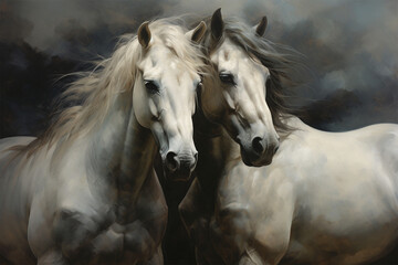 a pair of horses
are hugging