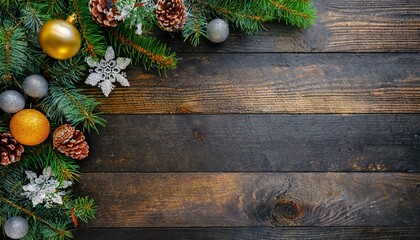 Fototapeta na wymiar Dunkler Holztisch Hintergrund mit weihnachtlichen Dekoelementen