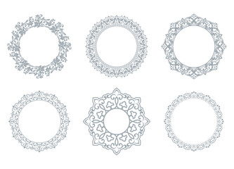 Set of decorative frames Elegant vector element for design in Eastern style, place for text. Floral gray and white borders. Lace illustration for invitations and greeting cards