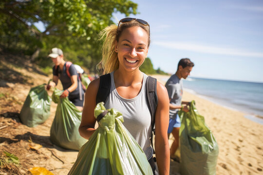 Volunteers Collecting Trash on Sunny Beach to Protect Environment - Powered by Adobe