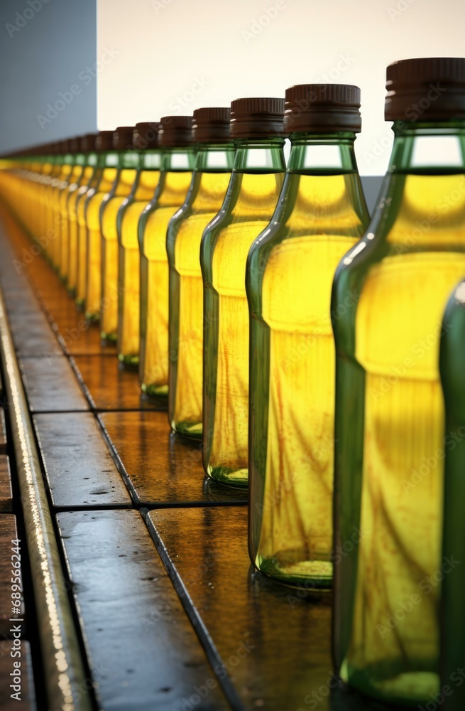 Poster a row of empty yellow bottles on a table. generative ai.