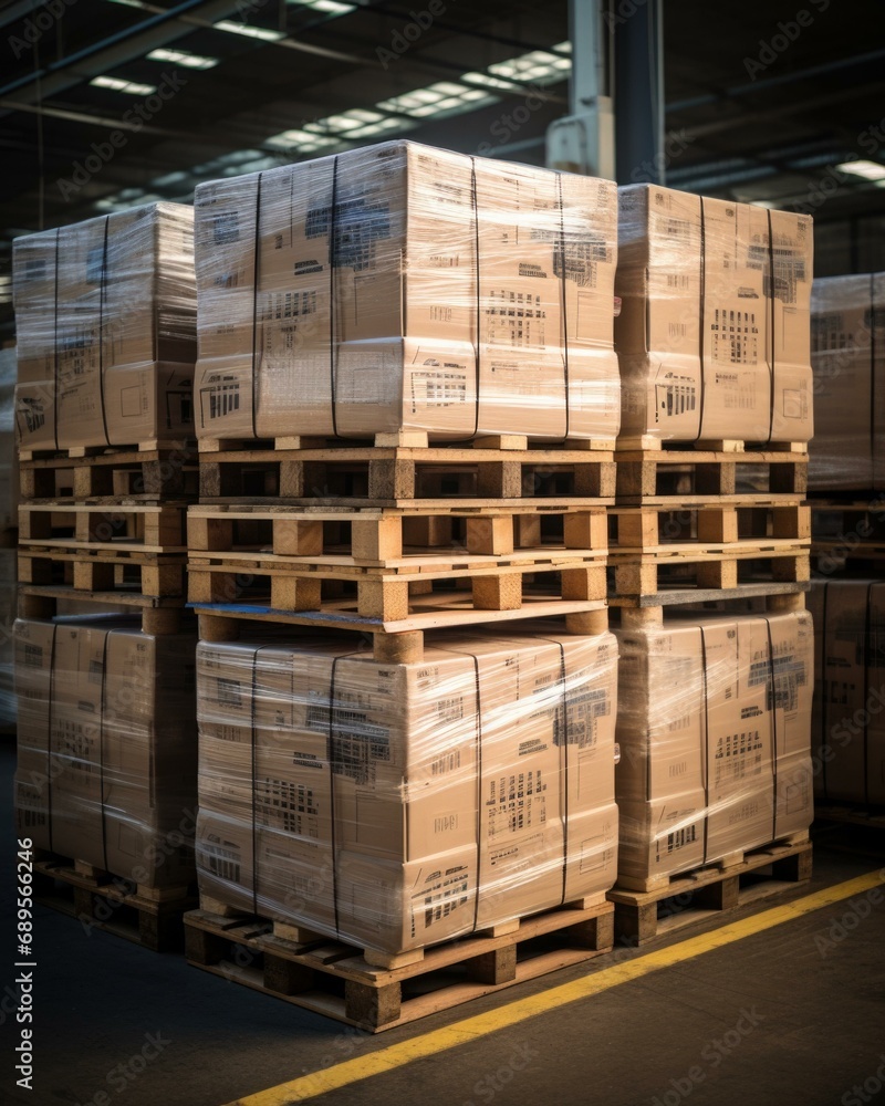 Poster a large warehouse with pallets stacked on top. generative ai.