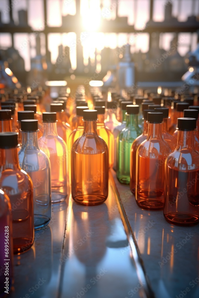 Poster many colorful bottles are lined up on a table. generative ai.