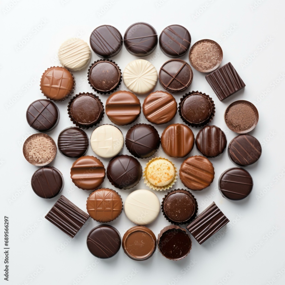 Aufkleber assortment of chocolates arranged in a circle on white background. generative ai.