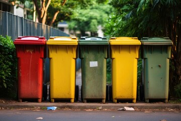 Fototapeta na wymiar A row of colorful trash cans on a street. Generative AI.