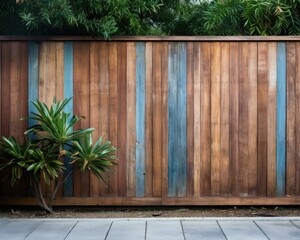 A wooden fence with blue and green paint. Generative AI.