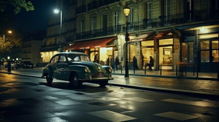 Paris life in the 60s. People, streets, noir, classic. Night lights in Paris. 