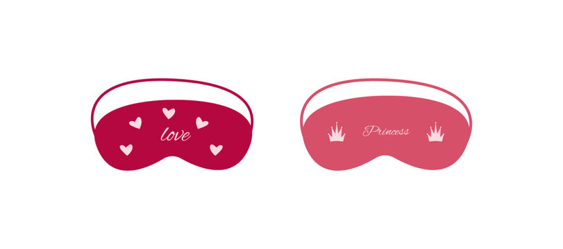 Fototapeta Set of sleep masks, pink and red. Night eye mask with crowns, hearts, with the inscriptions: “princess”, “love”. Accessories for night, relaxation, travel. Vector collection on white background.