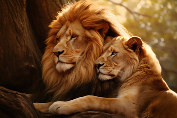 a pair of lions
are hugging