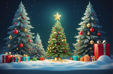 Christmas and New Year background. Xmas pine fir lush tree. golden gifts box. Glass Balls hanging on ribbon. Bright Winter holiday composition. 
Greeting card, banner, poster, Place for text, 3d style