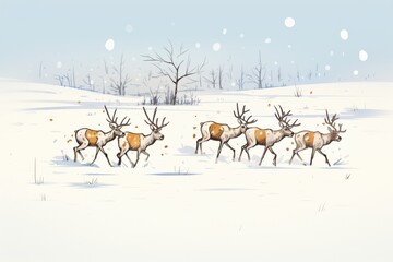caribou herd leaving footprints on snowy ground