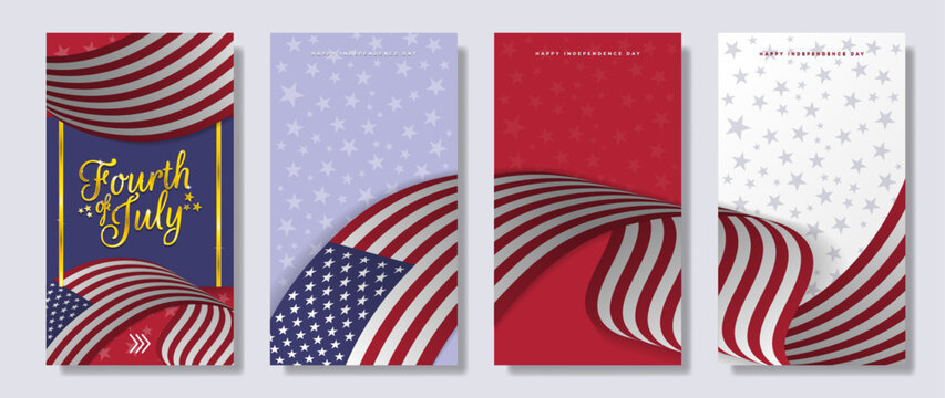 Fourth of July Vertical Social media story template with continuous American flag. Gold typography design with star-spangled backgrounds in blue, red, and white. Editable social media posts. Vector. 
