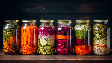 Marinated pickles variety preserving jars. Homemade green beans, squash, cauliflower, carrots, red chili peppers pickles. Fermented food. AI generative. - obrazy, fototapety, plakaty