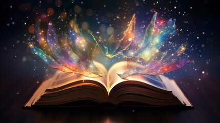 An open book with sparkles coming out