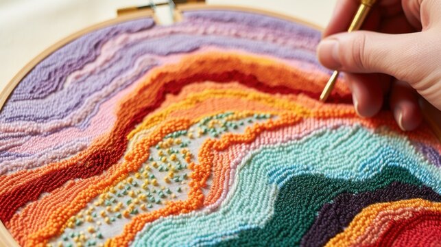 Close up of Punch Needle embroidery and female hand. New trend in embroidery Punch needle. Cozy Hobby, DIY, handycraft concept