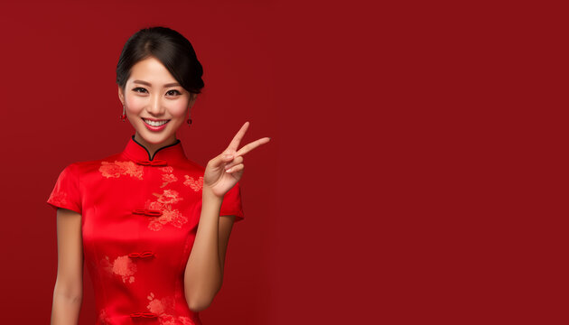 Happy Chinese new year, Asian woman wearing traditional cheongsam qipao dress with congratulation gesture hand on red background, Generative AI