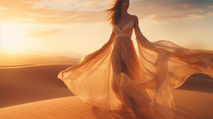 Fototapeta na wymiar woman in the desert with a beautiful dress