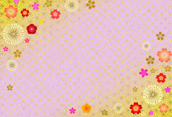 桜と梅の和風背景　和柄　麻の葉文様と七宝　年賀状　高級感　キラキラ素材　和紙　新春