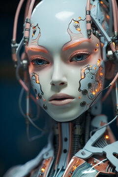 alien creature in the form of a woman with luminous cyborg elements, modern technology, 3D