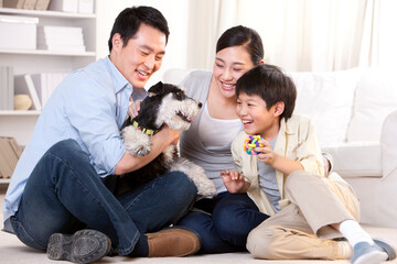 Chinese family playing with a pet schnauzer
