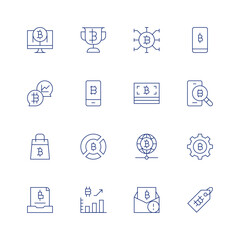 Bitcoin line icon set on transparent background with editable stroke. Containing payment, talk, shopping, record, trophy, smartphone, chart, statistics, chip, bitcoin, bitcoins, price tag.