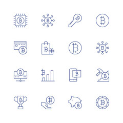 Bitcoin line icon set on transparent background with editable stroke. Containing chip, credit card, statistics, reward, connection, shopping bag, analytics, cryptocurrency, key, bitcoin.