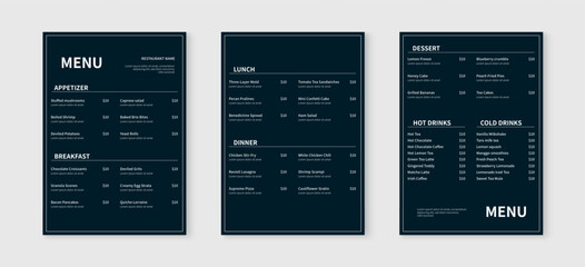 Minimalist menu layout template. Restaurant food and drink menu design. Vector illustration