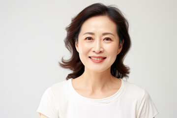 An asian woman smiling in front of a white background.