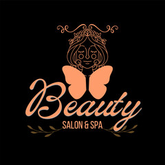 Beautiful queen face outline with butterfly golden colour, beauty salon logo