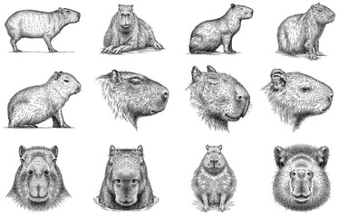 Vintage engraving isolated capybara set illustration rodent ink sketch. Gnawer background silhouette art. Black and white hand drawn image - obrazy, fototapety, plakaty