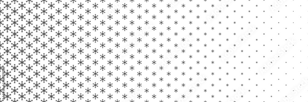 Poster horizontal black halftone of white snow flake in black circle design for pattern and background.