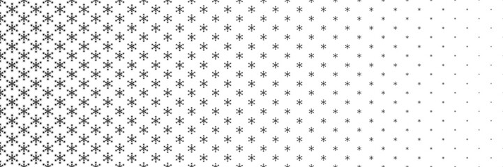 horizontal black halftone of white snow flake in black circle design for pattern and background.