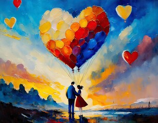 Concepto de San Valentín pareja con globos de corazones en un cielo vibrante, pintura al óleo  - obrazy, fototapety, plakaty