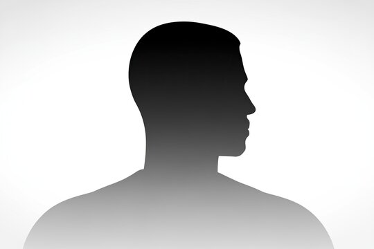 A black and grey silhouette on a white background, isolated. Forward facing. Half face. Shadow figure. Side-drawn. Dark sideways silhouette of a man. Male shadow-figure. Confident. Riddle