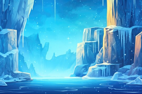 starry night sky above a luminescent ice-covered waterfall