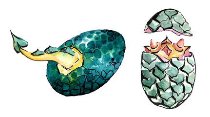 Fantastic dragon eggs with hatched dragons.An emerald colored egg with a yellow tail and green spikes and a cracked egg with part of a yellow and orange  head.Hand drawn watercolor illustration