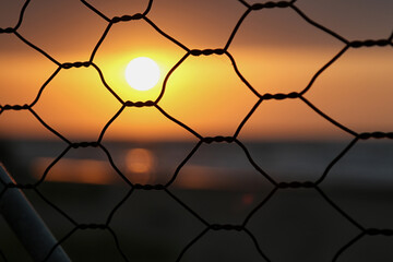 The sunset's orange glow reflecting off the sea, seen through a fence adorned with a spider's web.