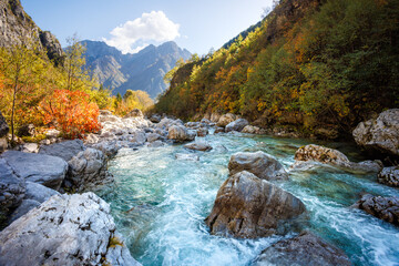 Colorful Landscape in the Albanian Alps with a River and Mountains 
