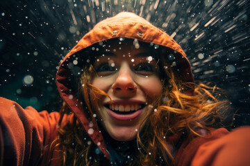 Young girl taking a selfie picture under pouring rain shower