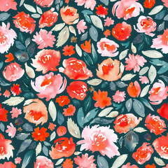 Watercolor floral in red and teal. Seamless pattern. 