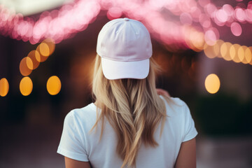 Back view of a woman wearing a pink baseball cap, long blonde hair and white t-shirt, facing away from camera