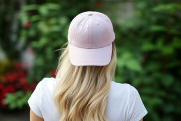 Back view of a woman wearing a pink baseball cap, long blonde hair and white t-shirt, facing away from camera