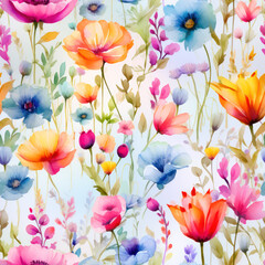 Seamless beautiful watercolor spring flowers pattern background