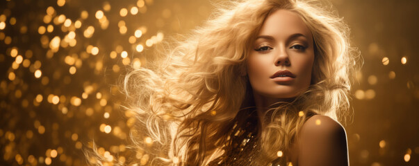 Banner of a woman with blonde hair wearing a golden dress and gold glitter luxury and premium for advertising product design background