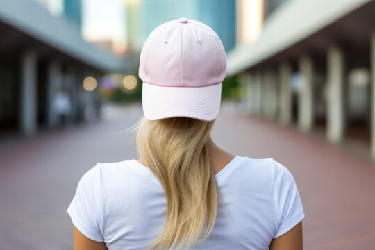 Back view of a woman wearing a pink baseball cap, long blonde hair and white t-shirt, facing away from camera