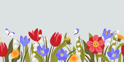 Horizontal seamless border with colorful blooming spring flowers and leaves: tulips, lily of the valley, dandelion, crocus. Spring botanical flat vector background.