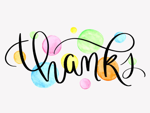 THANKS black vector brush calligraphy with colorful watercolor dots