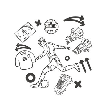Outline design elements of football. hand drawn illustration of football icon set