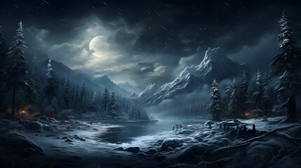 Naklejka premium Enchanting Winter Landscape with a Snow-Laden Fir Tree - Serene Beauty of Nature in Snowy Tranquility 